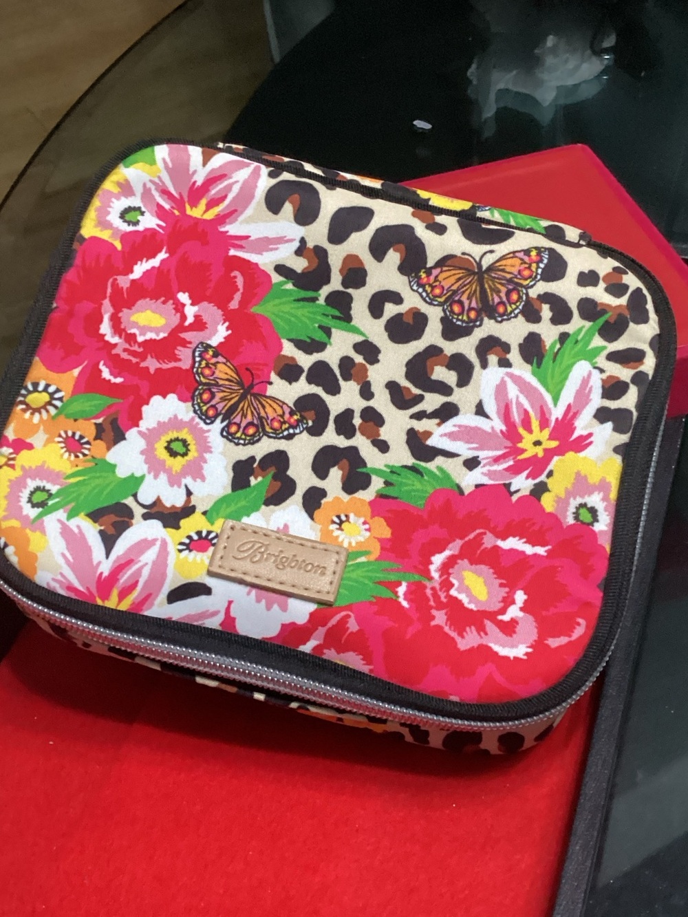 Brighton Floral Leopard Travel Jewelry Case w/pouches & zip closure